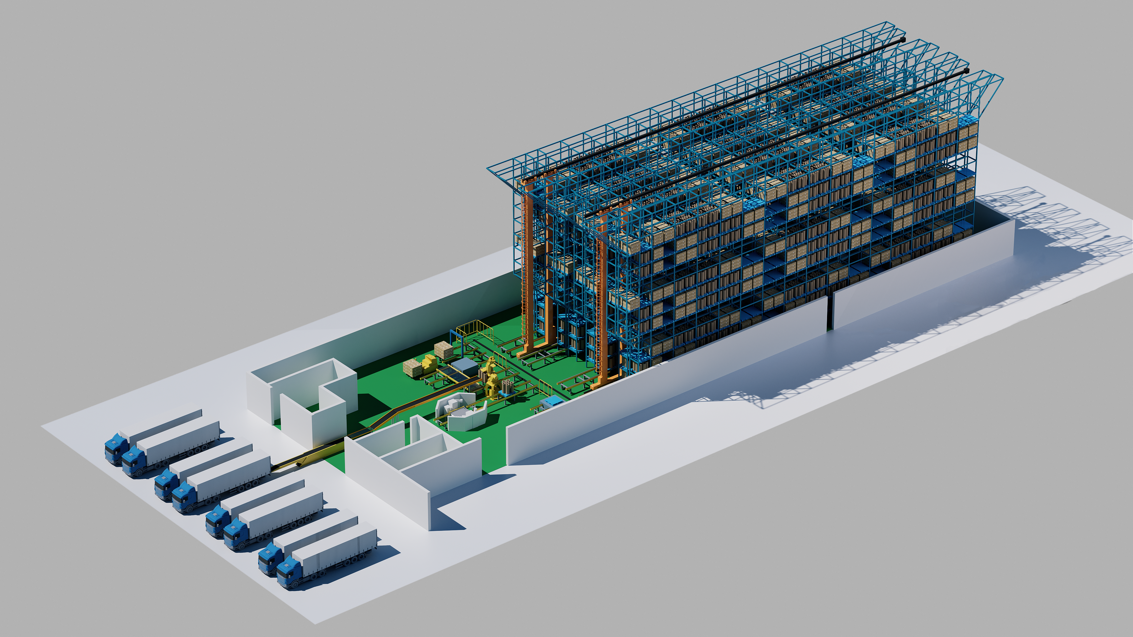 Automated storage and retrieval system ASRS warehouse with stacker crane