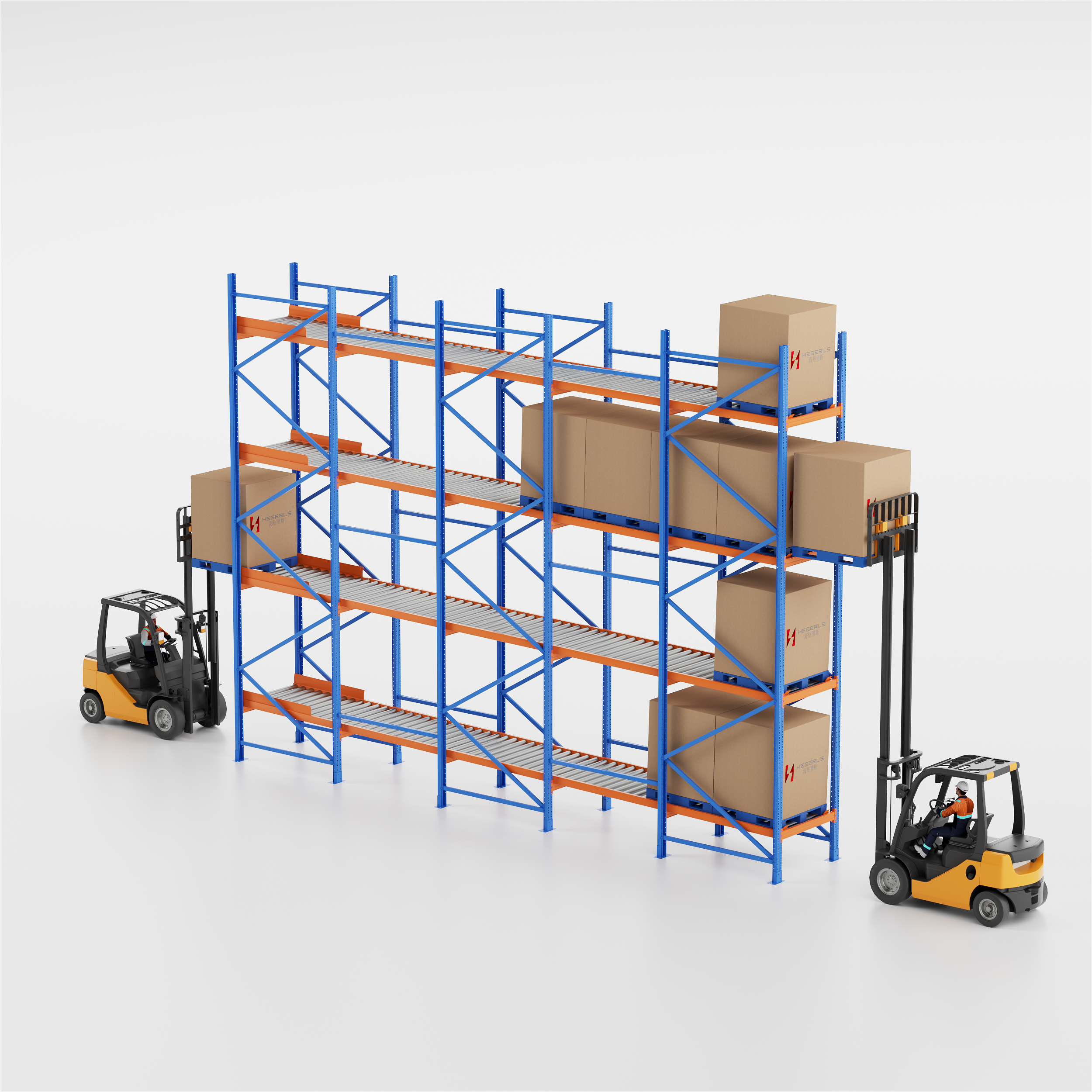 Pallet flow rack system using gravity roller tracks