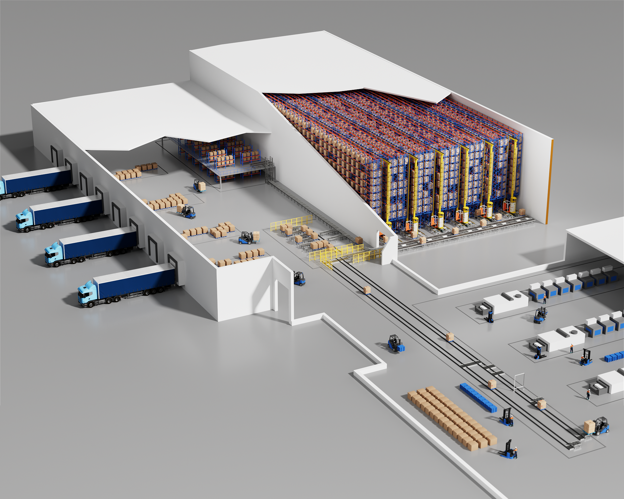 Automated rack-supported warehouse with stacker cranes
