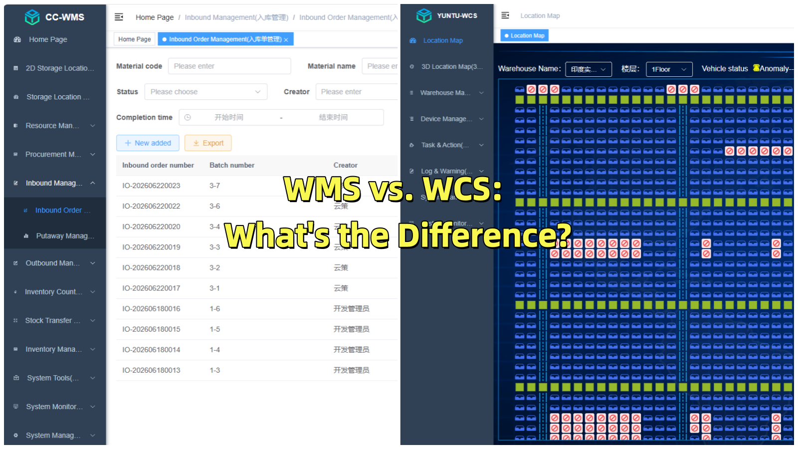 Warehouse management software dashboard showing inventory and storage-location records