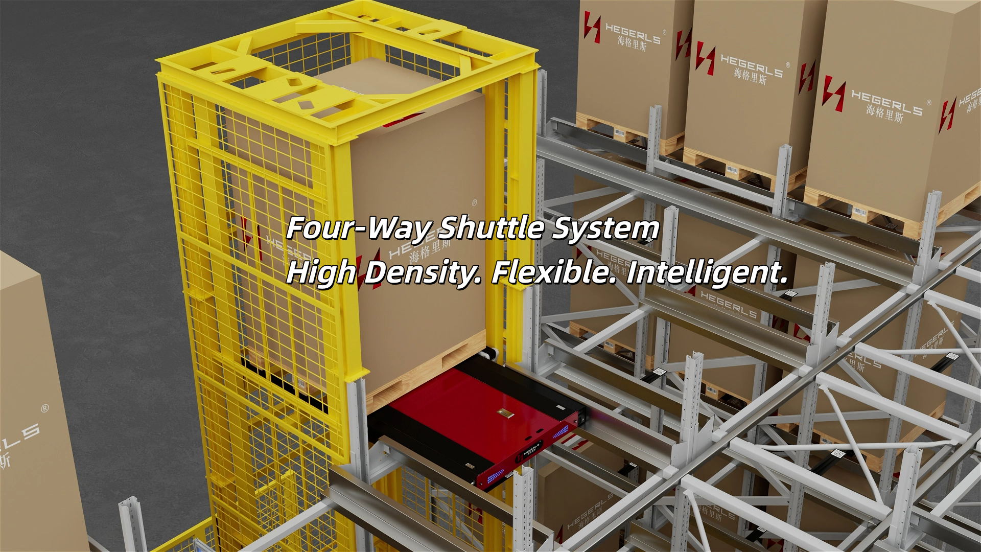 Four-way shuttle system for automated pallet storage