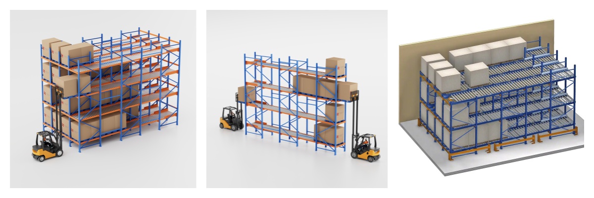 Gravity flow rack components with roller tracks