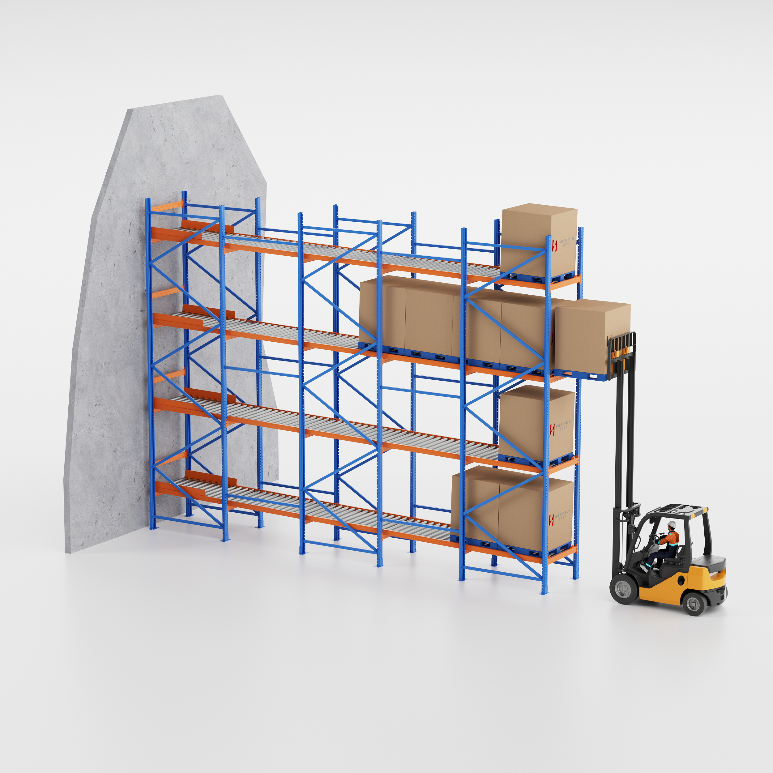 Gravity flow rack components with roller tracks